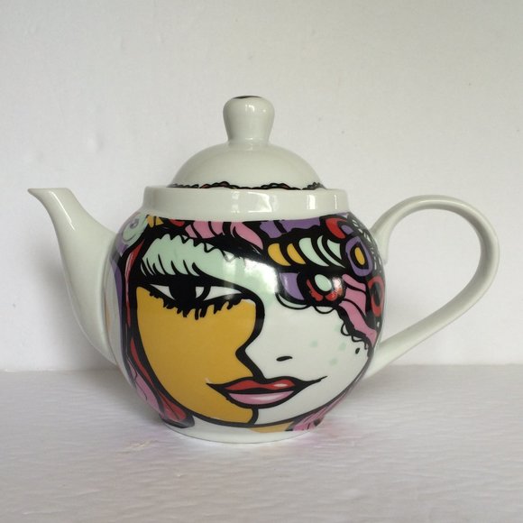 Teapot Josien Broeren White Colorful Woman Face Print Porcelain Kitchen - Picture 1 of 12